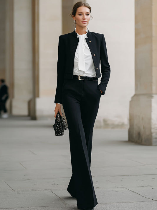 Sleek Black Cropped Blazer & Flared Pant Tailored Set