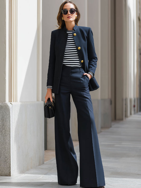 Navy Stand-Collar Blazer & Wide-Leg Pant Tailored Set With Gold Accents