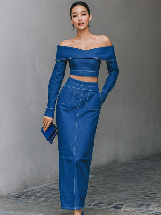 Off-the-Shoulder Denim Crop Top & Midi Skirt Set