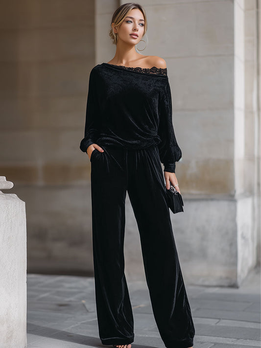 Off-Shoulder Black Velvet Lounge Set With Lace Detail