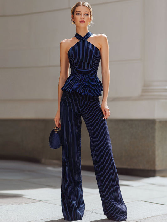 Navy Pinstripe Halter Peplum Top And Wide-Leg Trouser Set