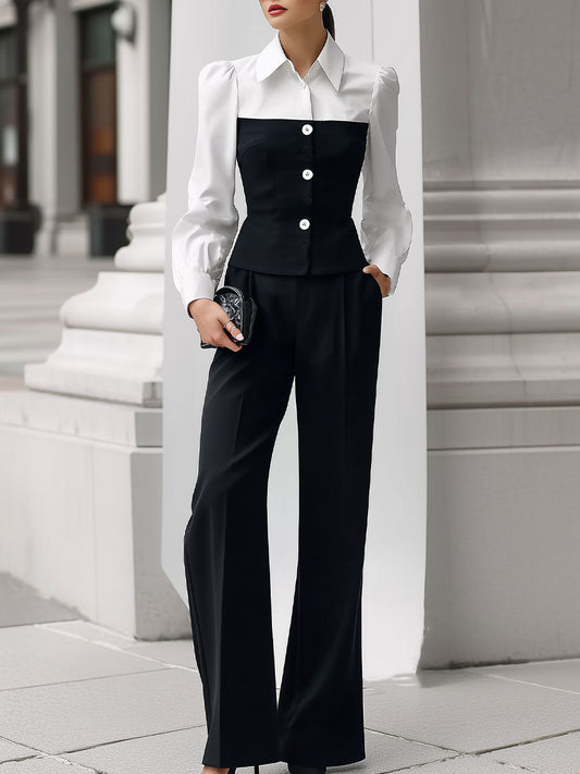 Mooyius Color-Block Puff Sleeve Shirt & Wide-Leg Trouser Set