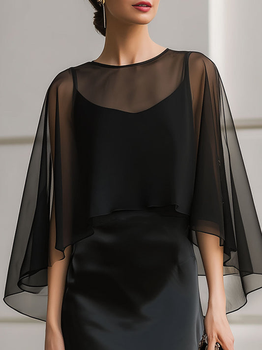 Mooyius Sheer Capelet Satin Slip Dress Set